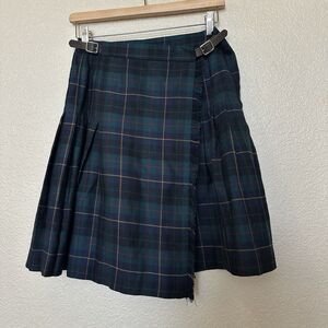 Vintage Ralph Lauren Wrap Plaid Skirt Tartan Blue Green Leather Buckles 6 Wool